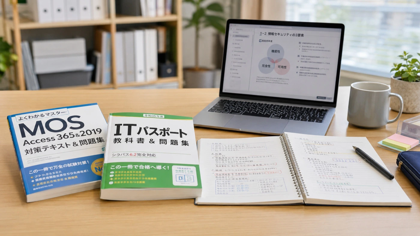 MOS・ITパスポートのテキストとノートパソコンを広げた学習の様子